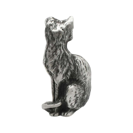 English-made small pewter sitting cat ornament, rear view showing sculpted fur and tail