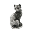 English-made small pewter cat sitting ornament, front view showing cat face, sculpted fur and curled tail