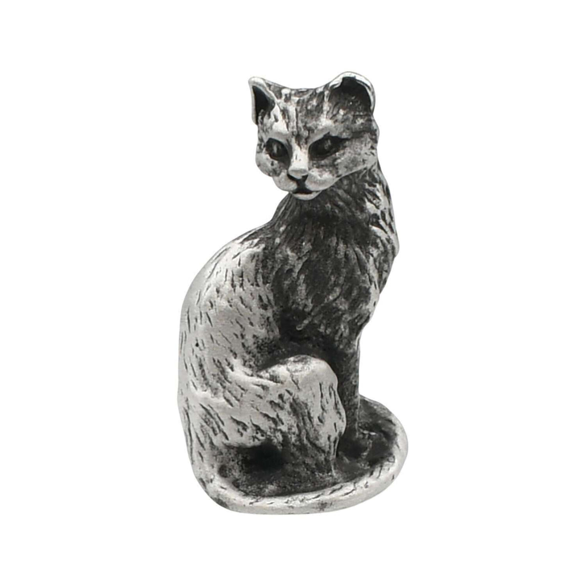 English-made small pewter cat sitting ornament, front view showing cat face, sculpted fur and curled tail