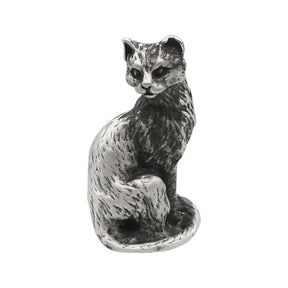 English-made small pewter cat sitting ornament, front view showing cat face, sculpted fur and curled tail