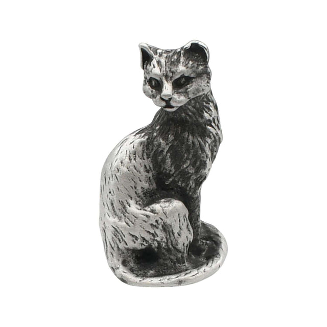 English-made small pewter cat sitting ornament, front view showing cat face, sculpted fur and curled tail