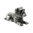 English-made pewter bulldog figurine ornament lying down with wrinkled face and outstretched paws, first side view