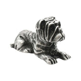 English-made pewter bulldog figurine ornament lying down with wrinkled face and outstretched paws, first side view