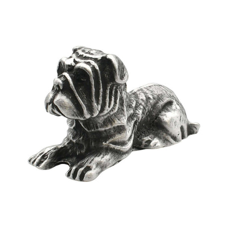 English-made pewter bulldog figurine ornament, opposite side showing stocky body, folded ears and detailed facial wrinkles