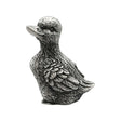 English-made pewter duck looking up figurine ornament, first side view showing head, beak and detailed wing feathers