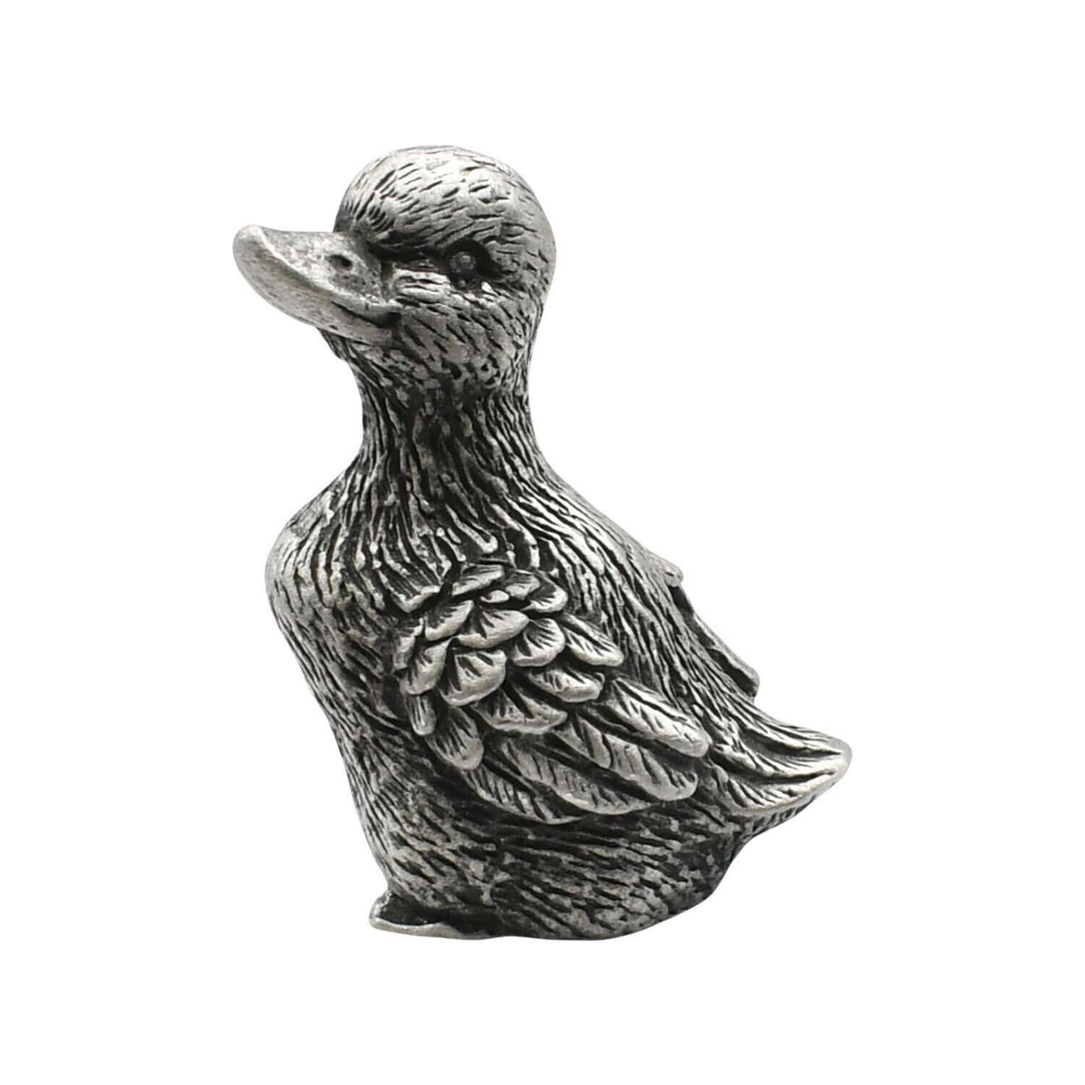 English-made pewter duck looking up figurine ornament, first side view showing head, beak and detailed wing feathers