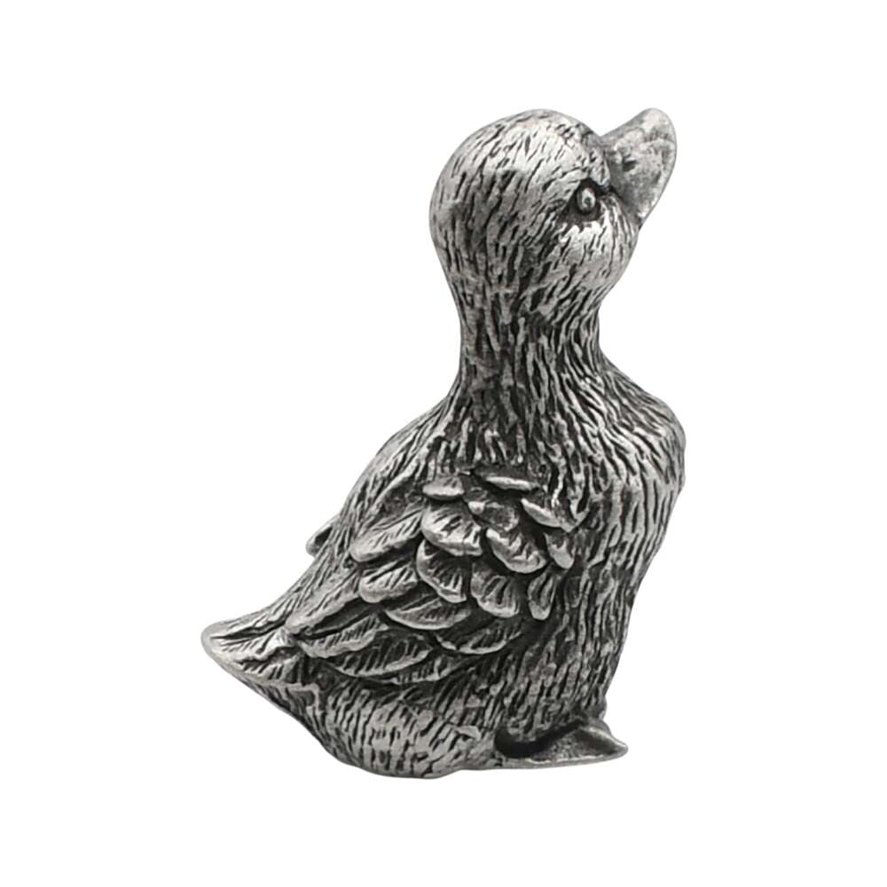 English-made pewter duck looking up figurine ornament, opposite side view showing textured plumage and raised beak