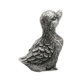 English-made pewter duck looking up figurine ornament, opposite side view showing textured plumage and raised beak