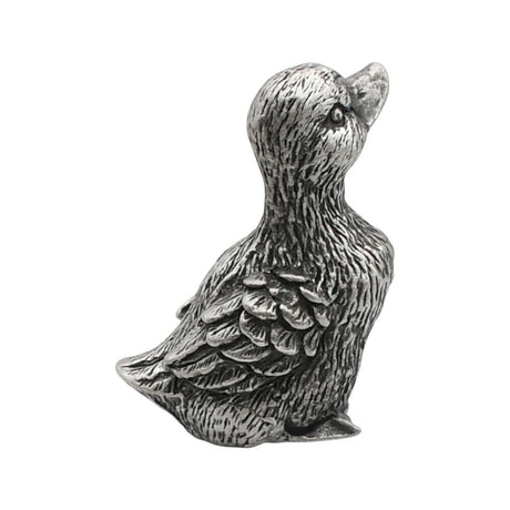 English-made pewter duck looking up figurine ornament, opposite side view showing textured plumage and raised beak