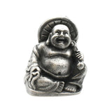 English-made pewter smiling Buddha figurine ornament, front view with seated figure and circular decorative background