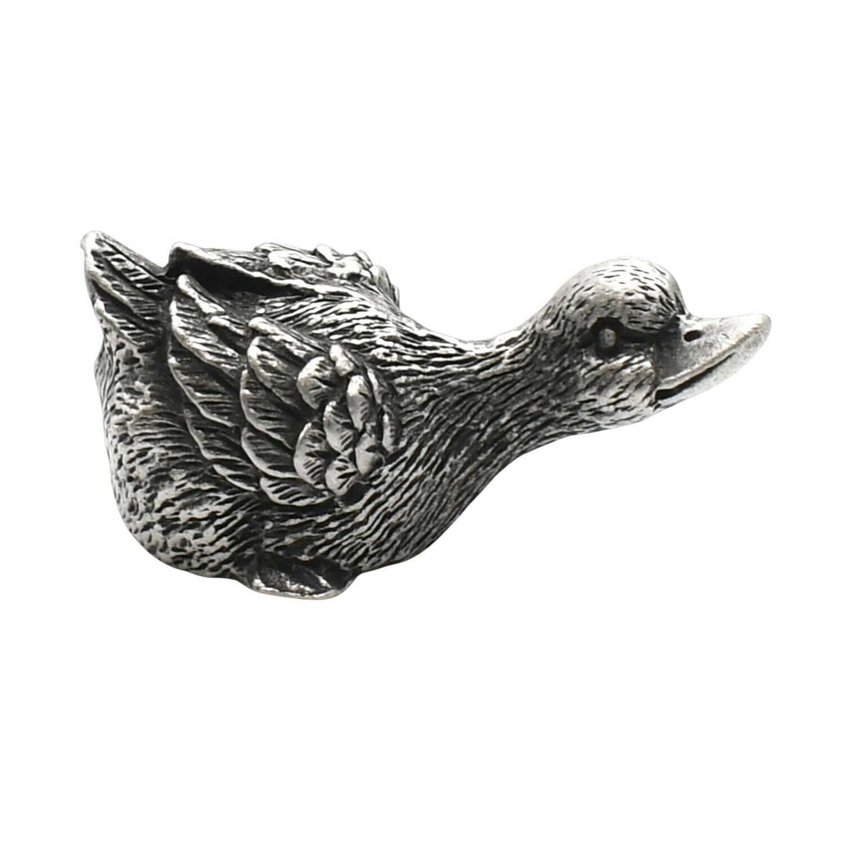 English-made pewter duck stretching ornament, first side view showing extended neck and detailed wings