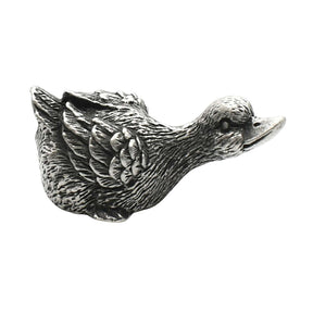 English-made pewter duck stretching ornament, first side view showing extended neck and detailed wings