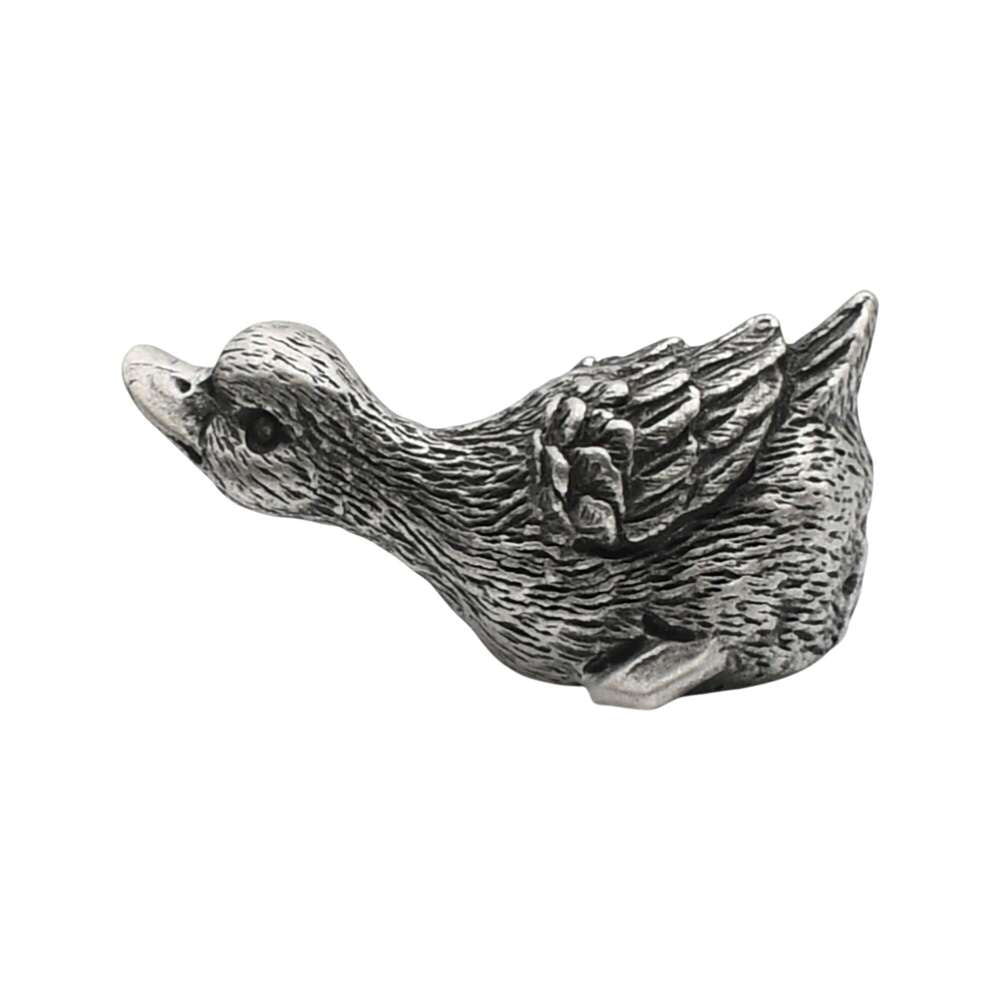 English-made pewter duck stretching figurine ornament, opposite side view showing feather detail and raised tail
