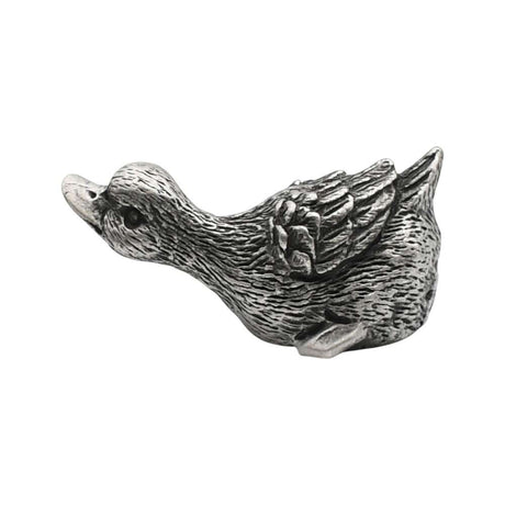 English-made pewter duck stretching figurine ornament, opposite side view showing feather detail and raised tail