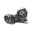 English-made pewter Pekingese dog figurine ornament lying down, with long flowing fur and a curled tail