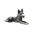 English-made pewter Alsatian German Shepherd dog ornament, lying down with upright ears and front legs extended