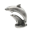 English-made pewter double dolphin ornament, first side view showing two leaping dolphins on a shared base