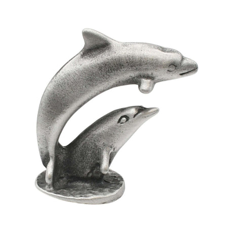 English-made pewter double dolphin ornament, opposite side view showing both sculpted dolphins