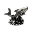 English-made pewter shark figurine ornament with open jaws, visible teeth, dorsal fin and textured seabed base