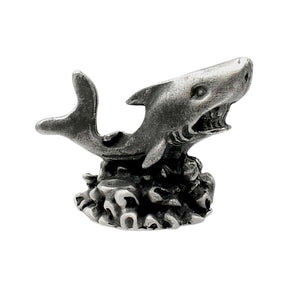 English-made pewter shark figurine ornament with open jaws, visible teeth, dorsal fin and textured seabed base