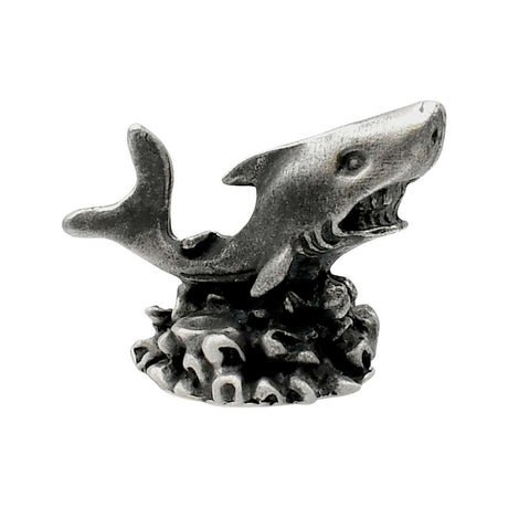 English-made pewter shark figurine ornament with open jaws, visible teeth, dorsal fin and textured seabed base