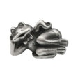 English-made pewter comic frog figurine, reclining with head resting on one hand and legs stretched out – front view