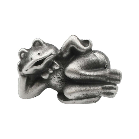 English-made pewter comic frog figurine, reclining with head resting on one hand and legs stretched out – front view