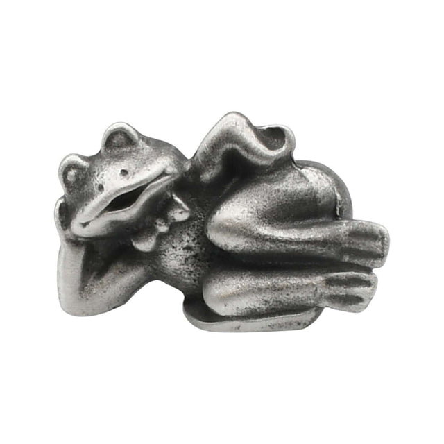 English-made pewter comic frog figurine, reclining with head resting on one hand and legs stretched out – front view