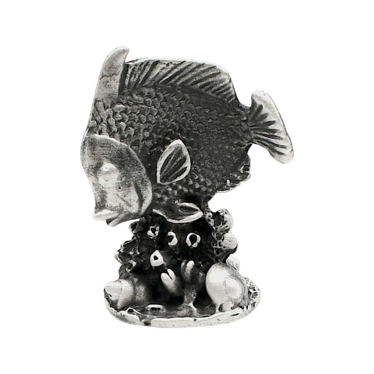 English-made pewter tropical fish figurine ornament, front side with textured scales, fins and coral reef-style base
