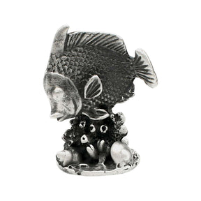 English-made pewter tropical fish figurine ornament, front side with textured scales, fins and coral reef-style base