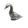 English-made pewter goose figurine ornament in side profile with long curved neck, lowered beak and detailed wing feathers