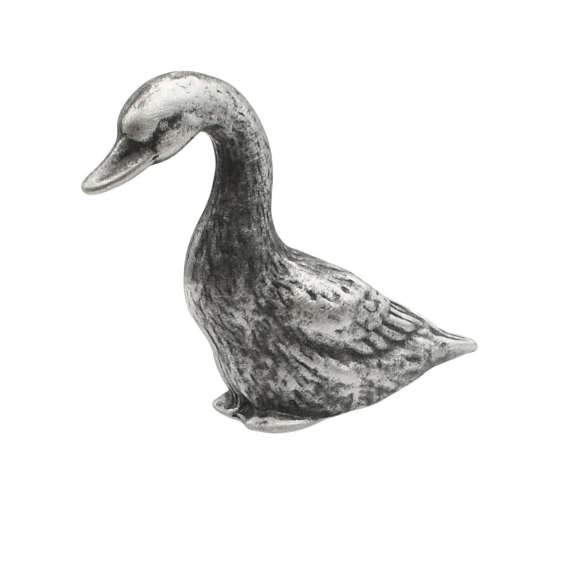 English-made pewter goose figurine ornament in side profile with long curved neck, lowered beak and detailed wing feathers