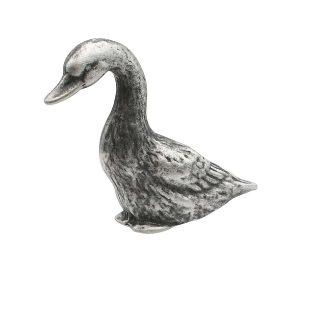 English-made pewter goose figurine ornament in side profile with long curved neck, lowered beak and detailed wing feathers