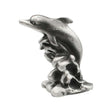 English-made pewter Dolphin Splash ornament, first side view of dolphin leaping above sculpted waves