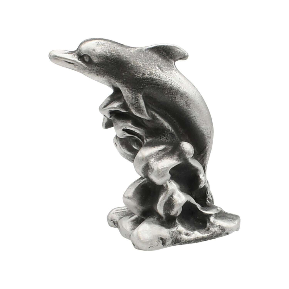 English-made pewter Dolphin Splash ornament, first side view of dolphin leaping above sculpted waves