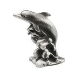 English-made pewter Dolphin Splash ornament, first side view of dolphin leaping above sculpted waves