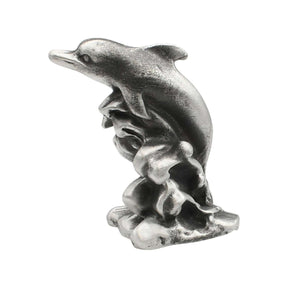 English-made pewter Dolphin Splash ornament, first side view of dolphin leaping above sculpted waves
