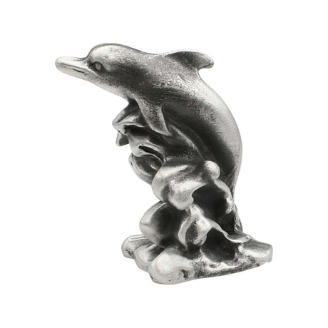 English-made pewter Dolphin Splash ornament, first side view of dolphin leaping above sculpted waves