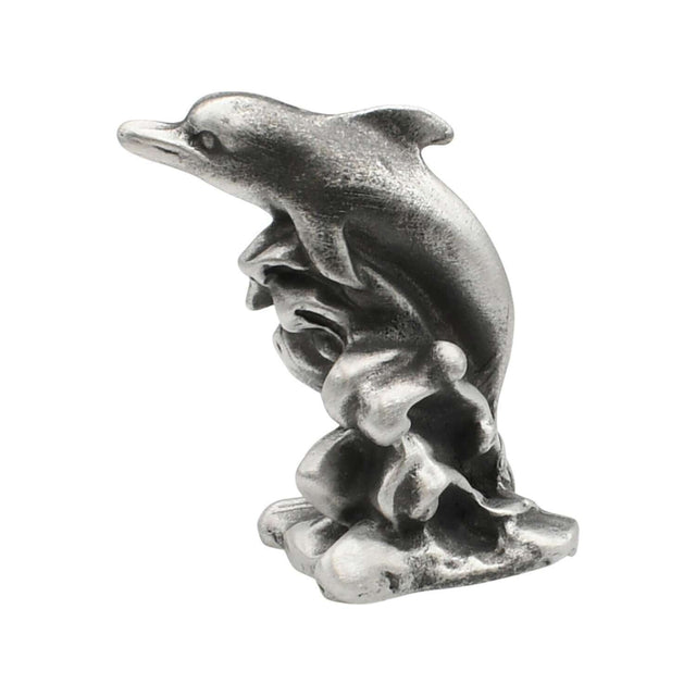 English-made pewter Dolphin Splash ornament, first side view of dolphin leaping above sculpted waves