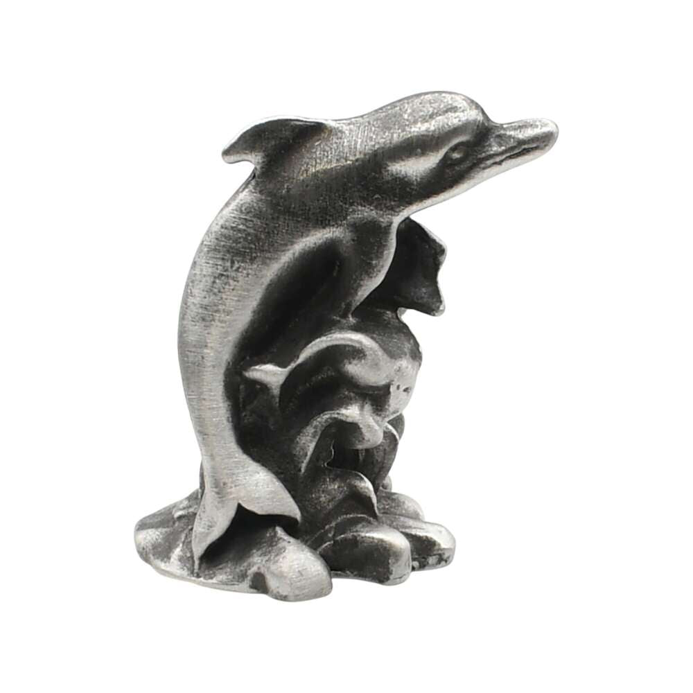English-made pewter Dolphin Splash ornament, opposite side view showing leaping dolphin and curled water detail