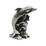English-made pewter Dolphin Splash ornament, opposite side view showing leaping dolphin and curled water detail