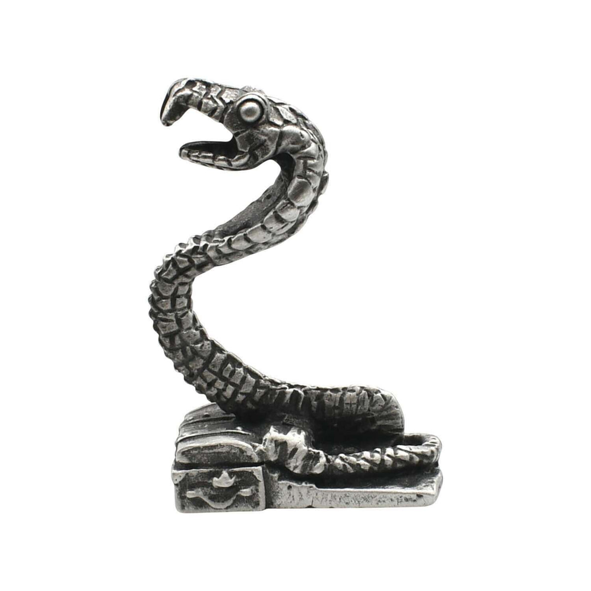 English-made pewter snake ornament with open mouth, curved neck and coiled body – first side view