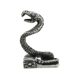 English-made pewter snake ornament with open mouth, curved neck and coiled body – first side view