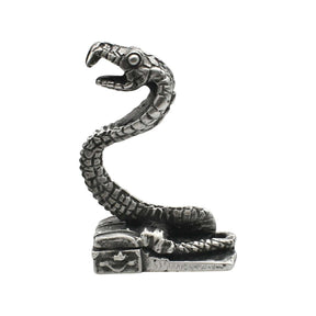 English-made pewter snake ornament with open mouth, curved neck and coiled body – first side view