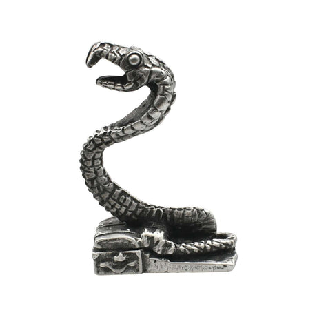 English-made pewter snake ornament with open mouth, curved neck and coiled body – first side view