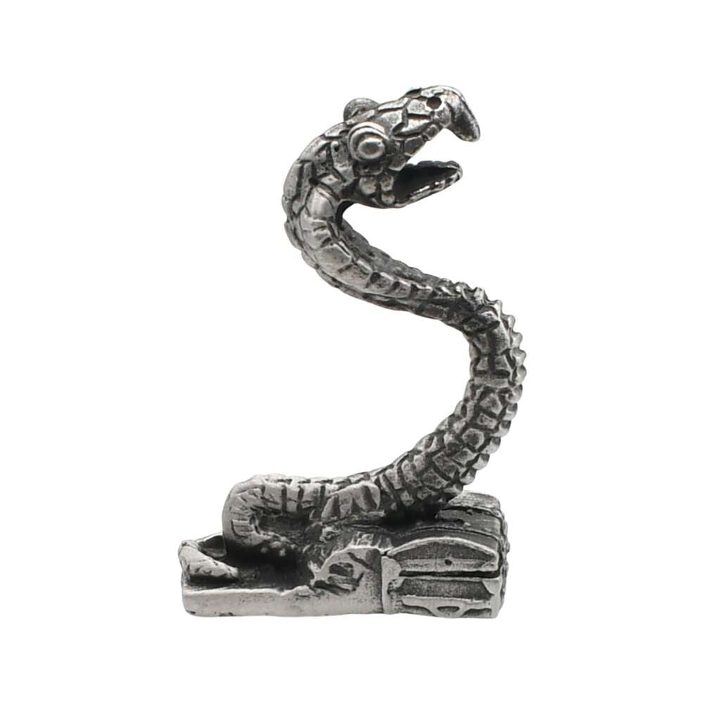 English-made pewter snake ornament, opposite side view showing sculpted scale texture and coiled base