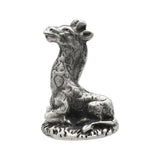 English-made pewter giraffe ornament, seated with long neck, raised head and sculpted coat patches – front view