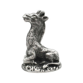 English-made pewter giraffe ornament, seated with long neck, raised head and sculpted coat patches – front view