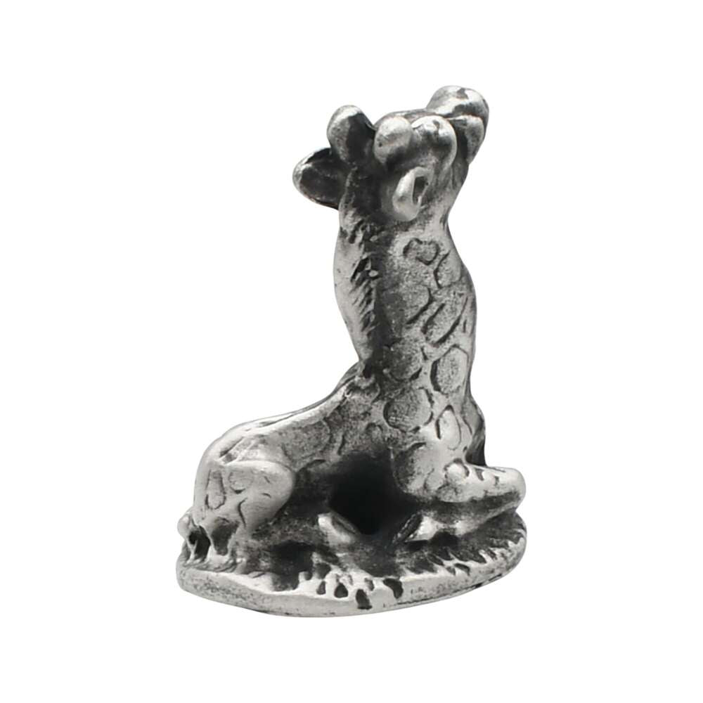 English-made pewter giraffe ornament, reverse view showing seated pose and patterned long neck