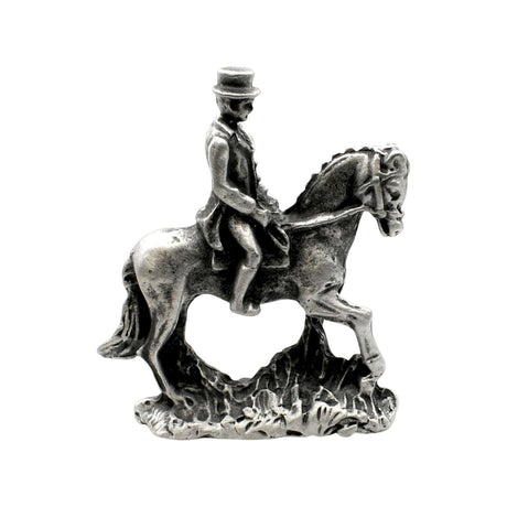 English-made pewter horse and rider figurine ornament, first side view with formally dressed rider and stepping horse